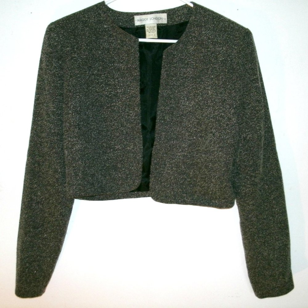 Vintage 80s Jacket Cropped Open Front Bolero Blazer Size 8 Charcoal Black Gray
